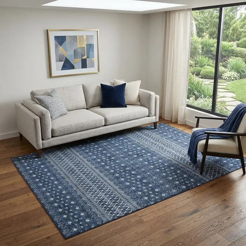 Navy Blue And Ivory Tribal Washable Area Rug With UV Protection Photo 1