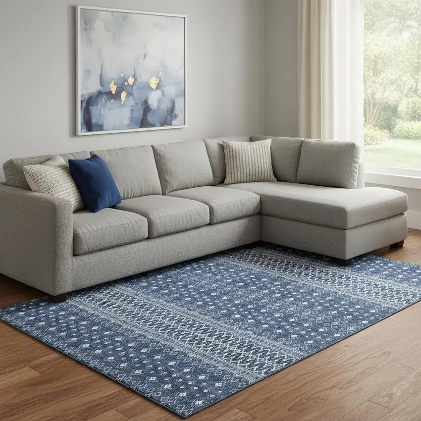 Navy Blue And Ivory Tribal Washable Area Rug With UV Protection Photo 1