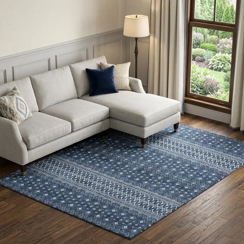 Navy Blue And Ivory Tribal Washable Area Rug With UV Protection Photo 1