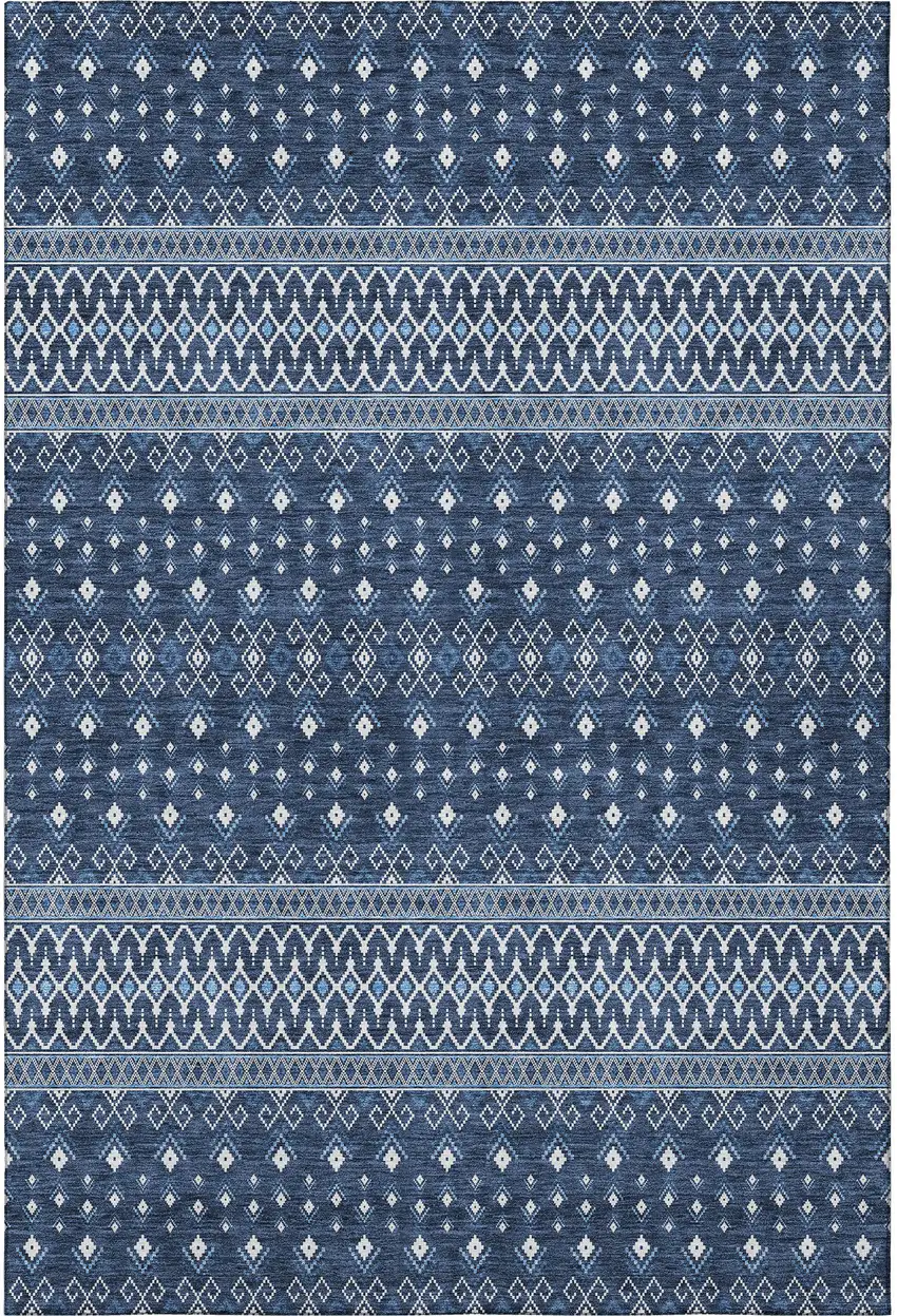 Navy Blue And Ivory Tribal Washable Area Rug With UV Protection Photo 4