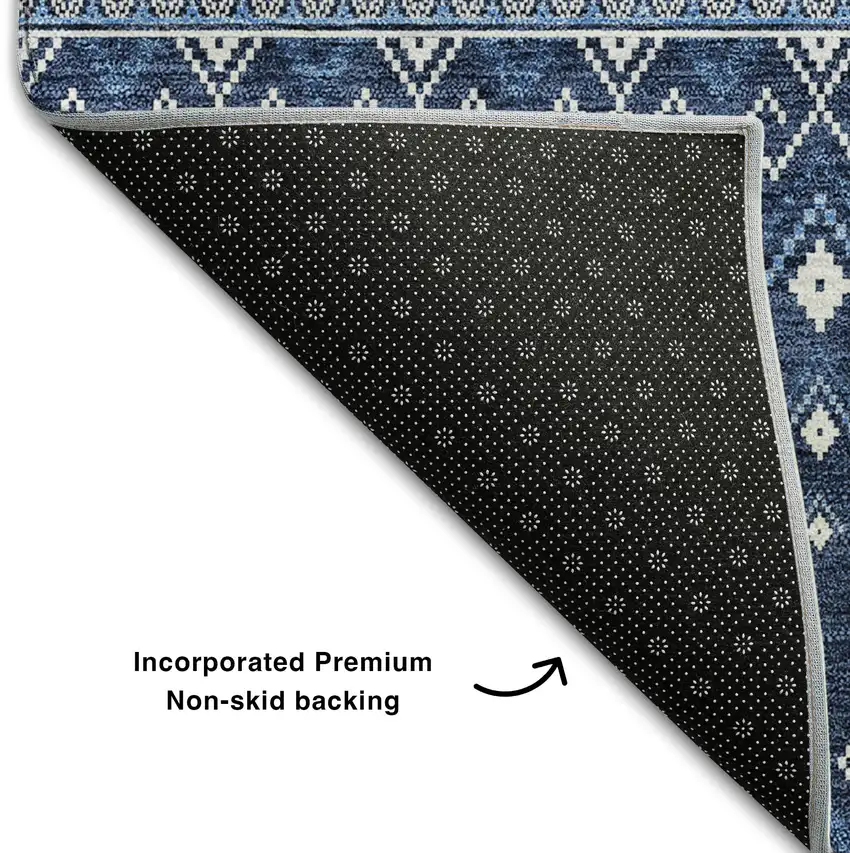Navy Blue And Ivory Tribal Washable Area Rug With UV Protection Photo 7