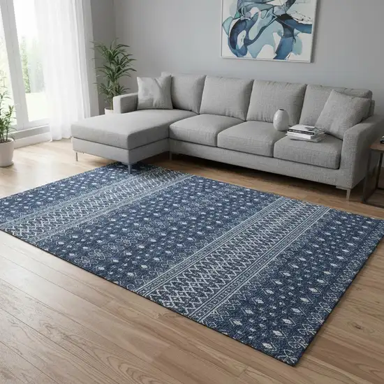 Navy Blue And Ivory Tribal Washable Area Rug With UV Protection Photo 1