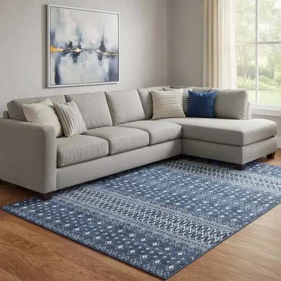 Navy Blue And Ivory Tribal Washable Area Rug With UV Protection Photo 1