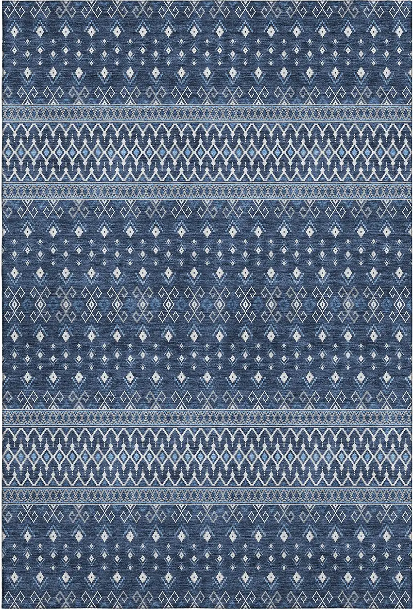 Navy Blue And Ivory Tribal Washable Area Rug With UV Protection Photo 2