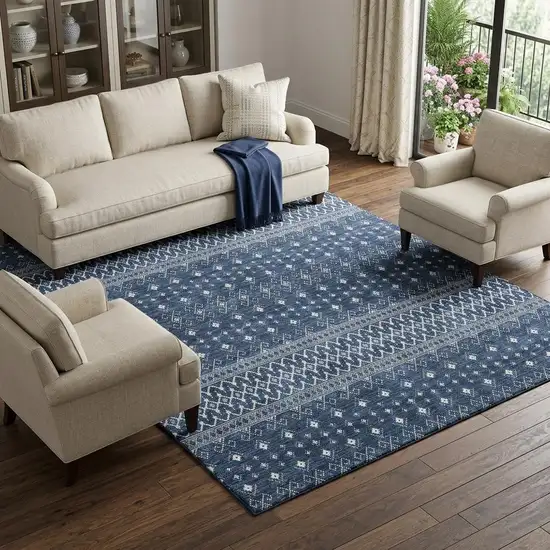 Navy Blue And Ivory Tribal Washable Area Rug With UV Protection Photo 1