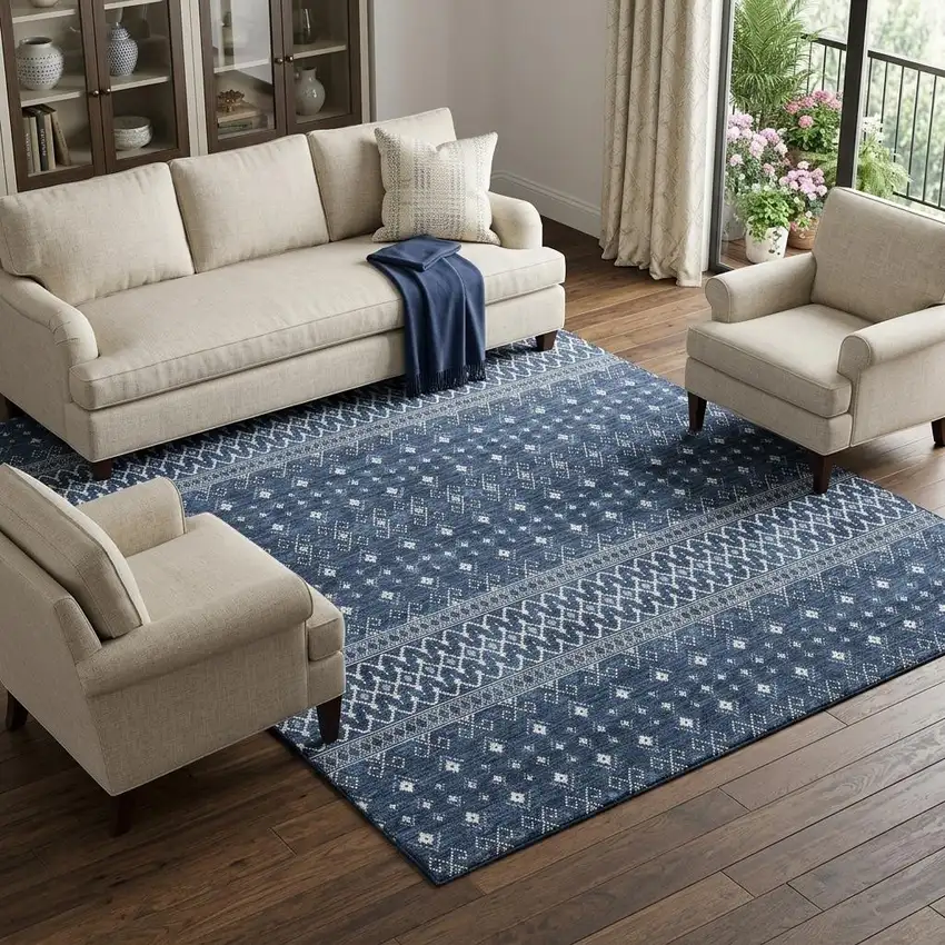 Navy Blue And Ivory Tribal Washable Area Rug With UV Protection Photo 1