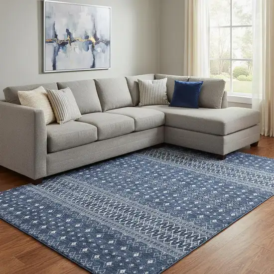 Navy Blue And Ivory Tribal Washable Area Rug With UV Protection Photo 1
