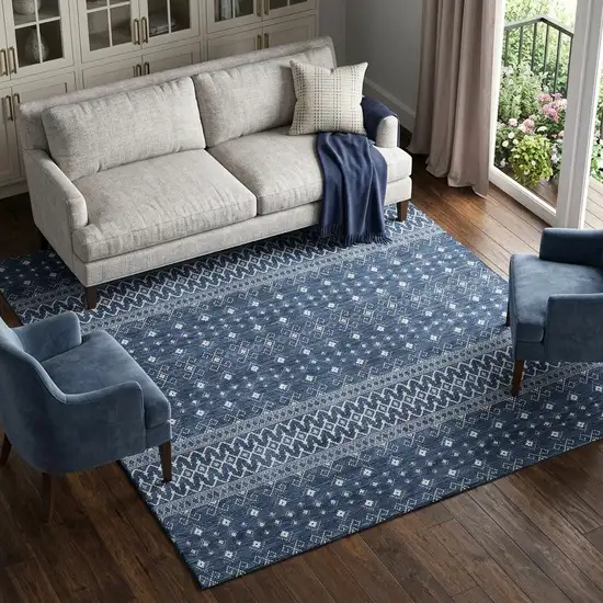 Navy Blue And Ivory Tribal Washable Area Rug With UV Protection Photo 1