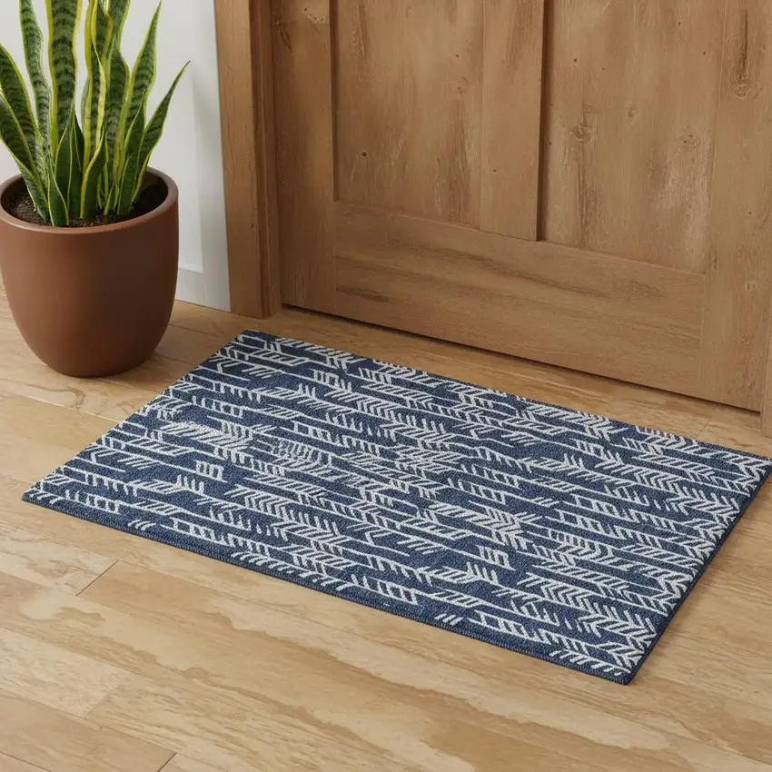 Navy Blue And Ivory Tribal Washable Area Rug With UV Protection Photo 1