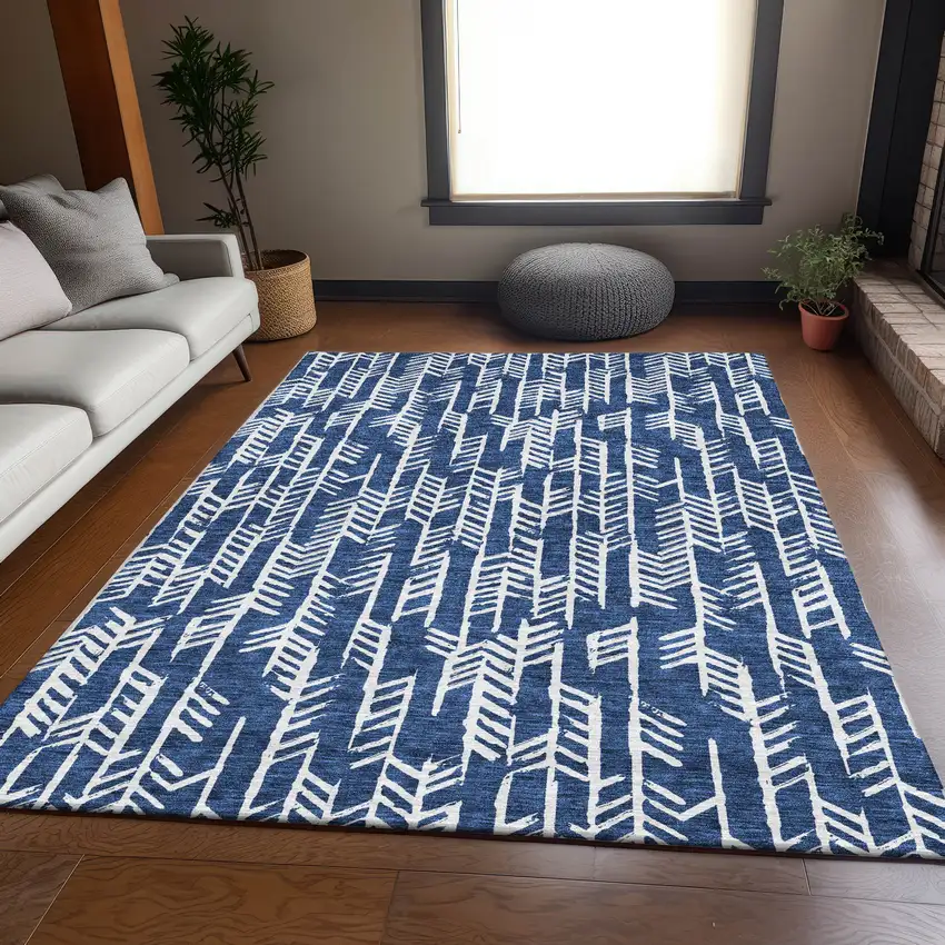 Navy Blue And Ivory Tribal Washable Area Rug With UV Protection Photo 5