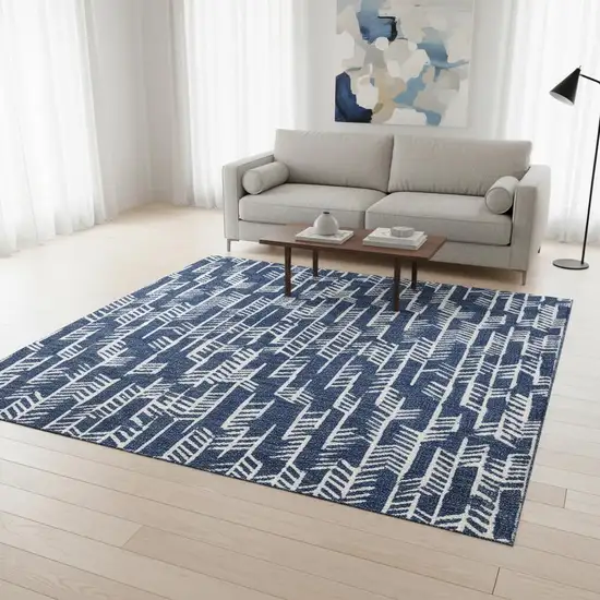 Navy Blue And Ivory Tribal Washable Area Rug With UV Protection Photo 2