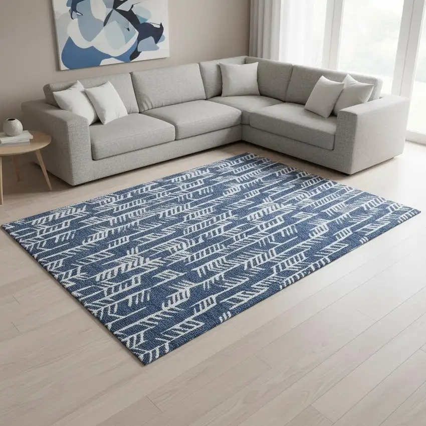 Navy Blue And Ivory Tribal Washable Area Rug With UV Protection Photo 2