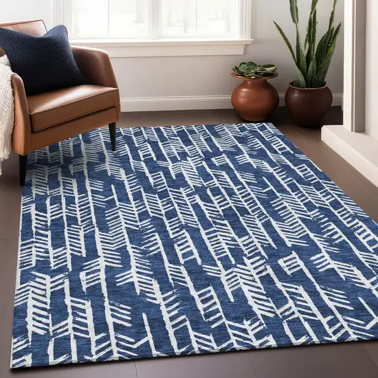 Navy Blue And Ivory Tribal Washable Area Rug With UV Protection Photo 5