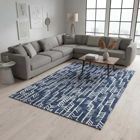 Navy Blue And Ivory Tribal Washable Area Rug With UV Protection Photo 2