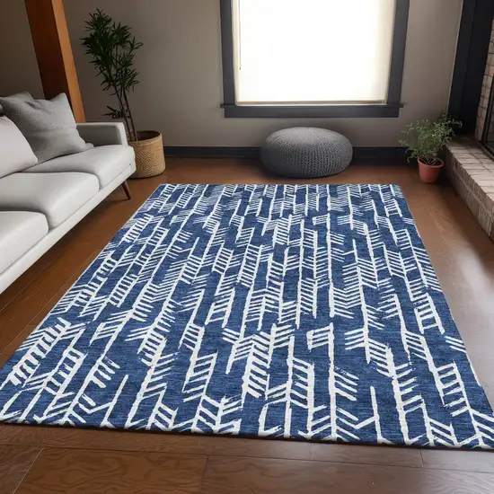 Navy Blue And Ivory Tribal Washable Area Rug With UV Protection Photo 6