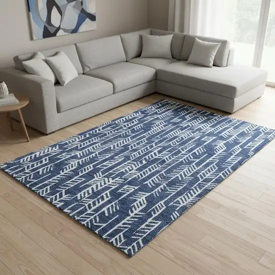 Navy Blue And Ivory Tribal Washable Area Rug With UV Protection Photo 2