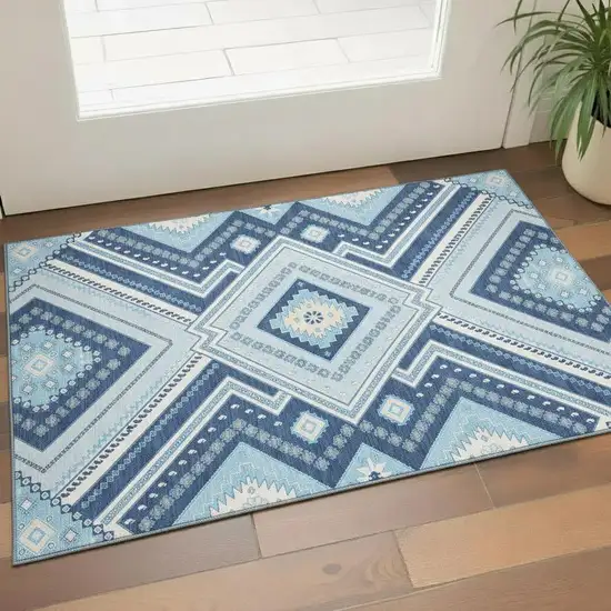 Navy Blue And Ivory Tribal Washable Area Rug With UV Protection Photo 2