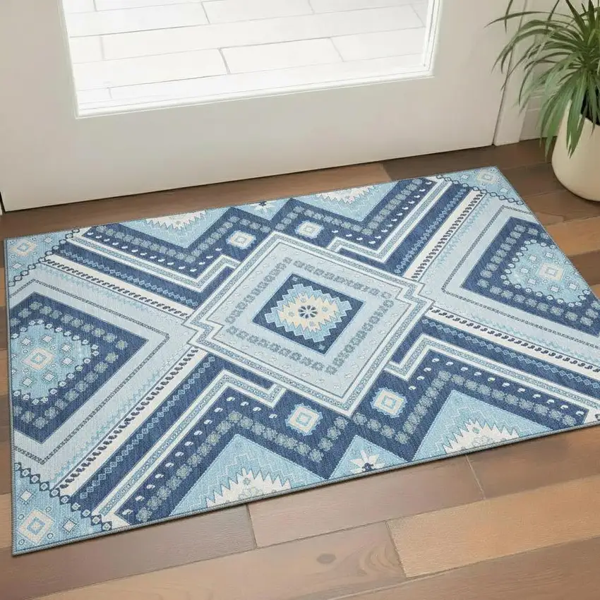 Navy Blue And Ivory Tribal Washable Area Rug With UV Protection Photo 2