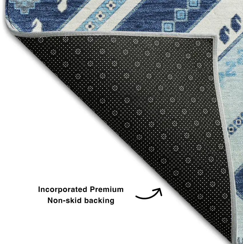Navy Blue And Ivory Tribal Washable Area Rug With UV Protection Photo 6