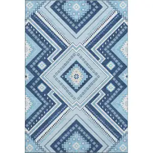 Photo of Navy Blue And Ivory Tribal Washable Area Rug With UV Protection