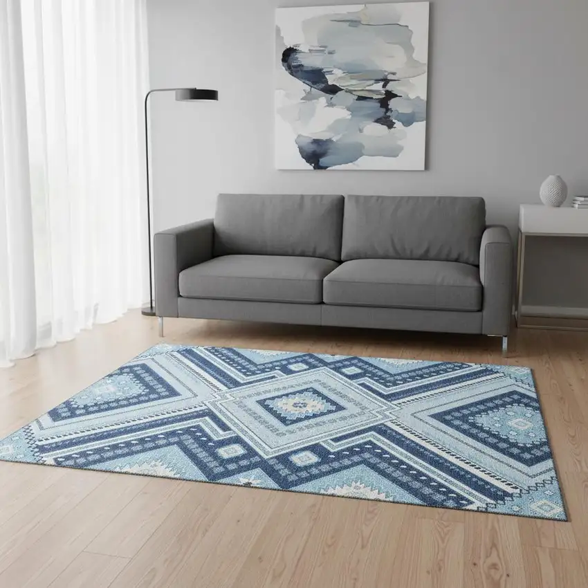 Navy Blue And Ivory Tribal Washable Area Rug With UV Protection Photo 2