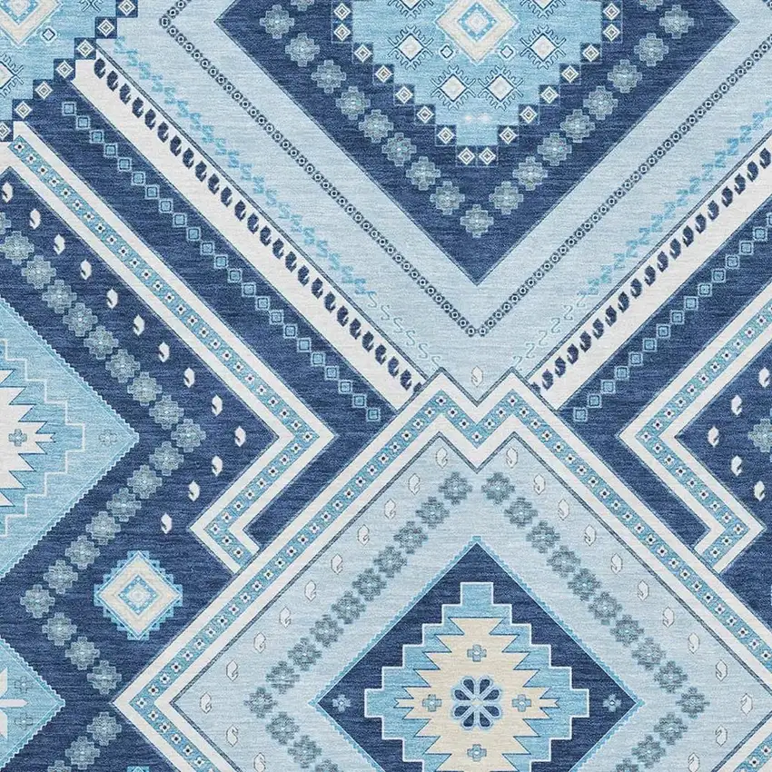 Navy Blue And Ivory Tribal Washable Area Rug With UV Protection Photo 2