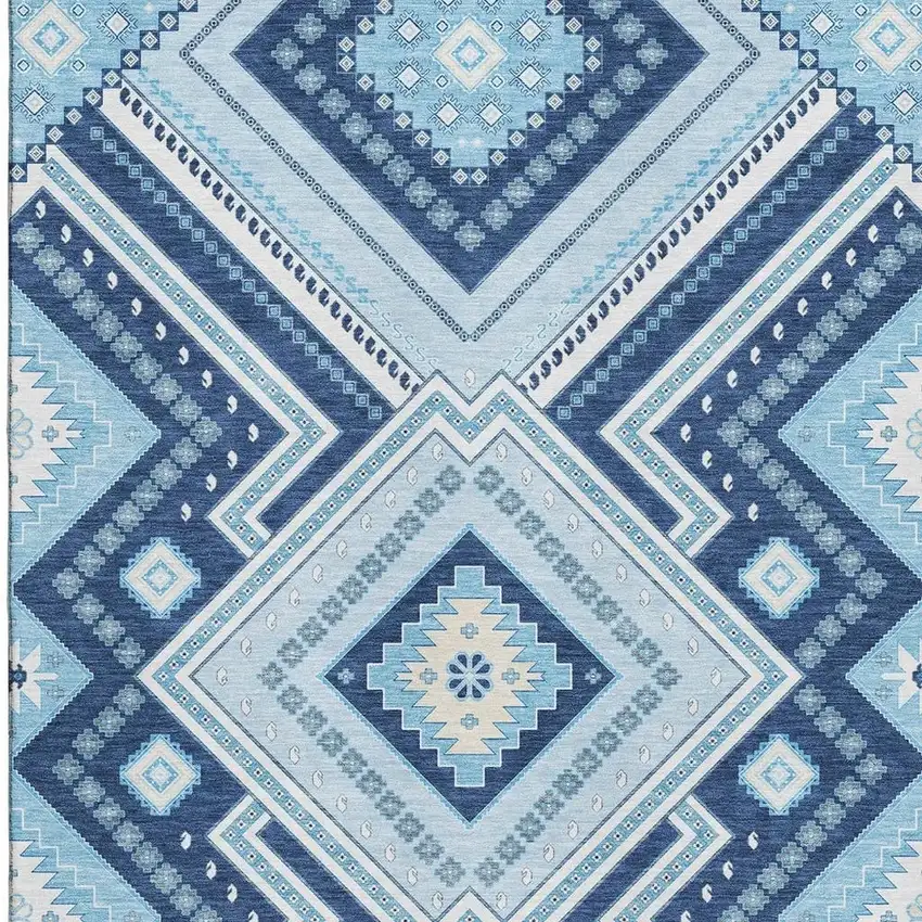 Navy Blue And Ivory Tribal Washable Area Rug With UV Protection Photo 2