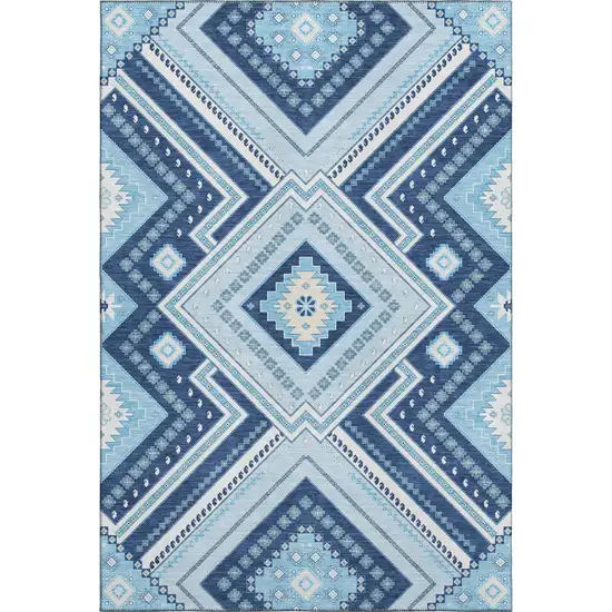 Navy Blue And Ivory Tribal Washable Area Rug With UV Protection Photo 1