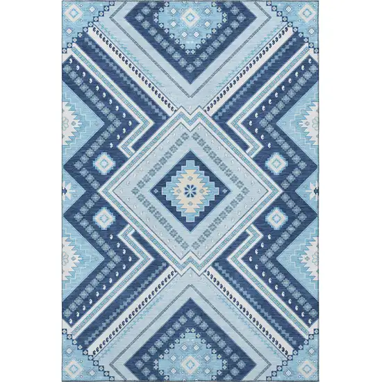 Navy Blue And Ivory Tribal Washable Area Rug With UV Protection Photo 3