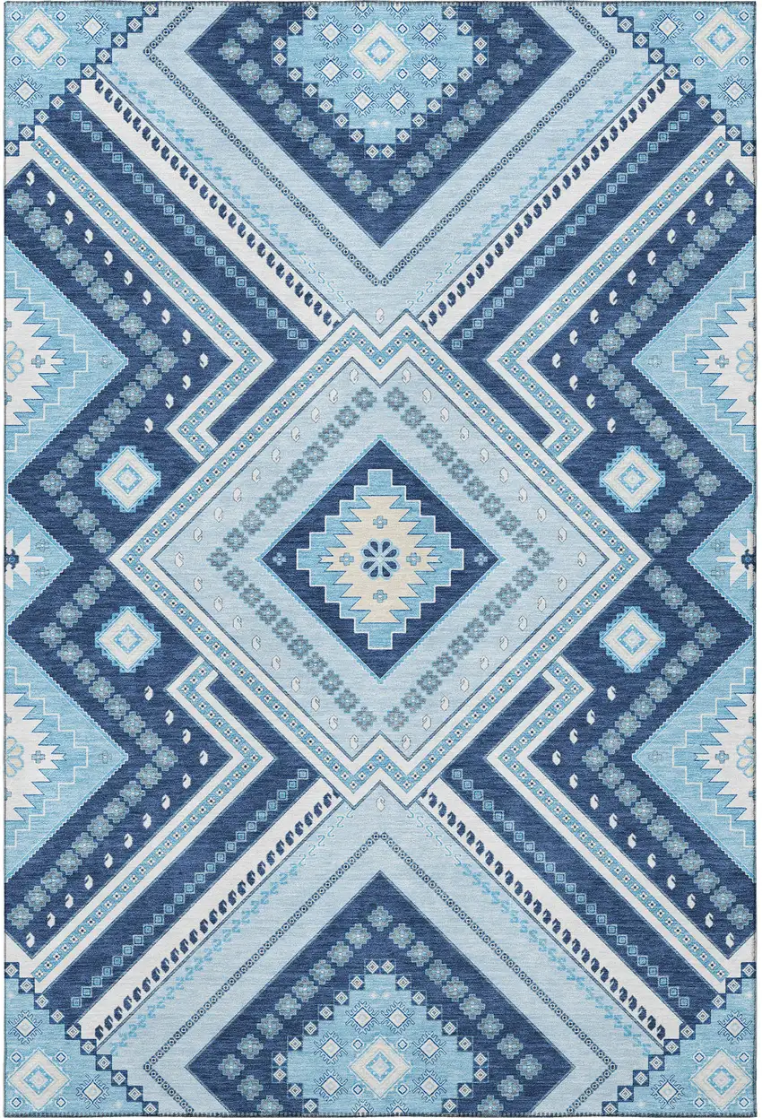 Navy Blue And Ivory Tribal Washable Area Rug With UV Protection Photo 3