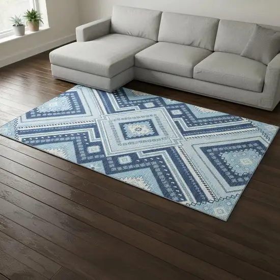 Navy Blue And Ivory Tribal Washable Area Rug With UV Protection Photo 2