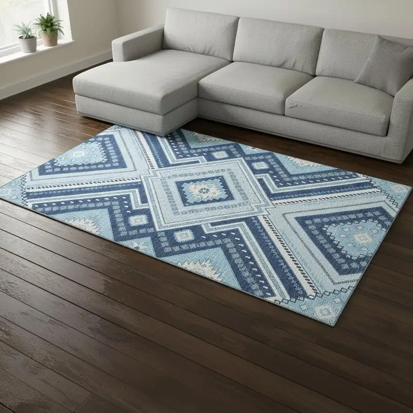 Navy Blue And Ivory Tribal Washable Area Rug With UV Protection Photo 2