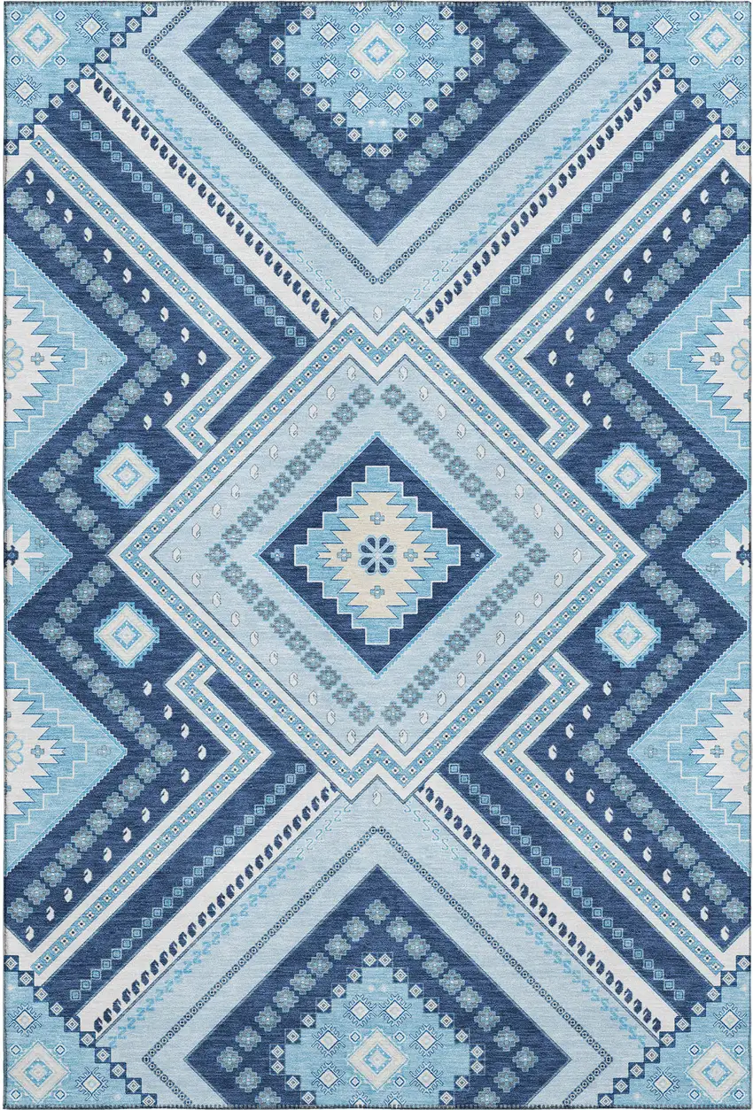 Navy Blue And Ivory Tribal Washable Area Rug With UV Protection Photo 1