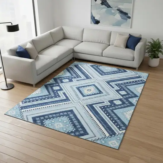 Navy Blue And Ivory Tribal Washable Area Rug With UV Protection Photo 2