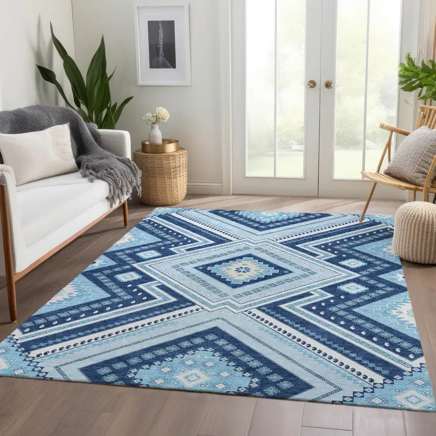 Navy Blue And Ivory Tribal Washable Area Rug With UV Protection Photo 5