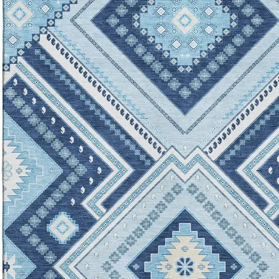 Navy Blue And Ivory Tribal Washable Area Rug With UV Protection Photo 2