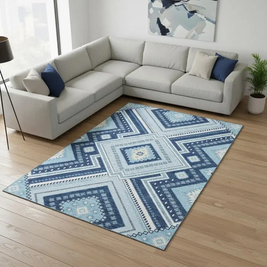 Navy Blue And Ivory Tribal Washable Area Rug With UV Protection Photo 2