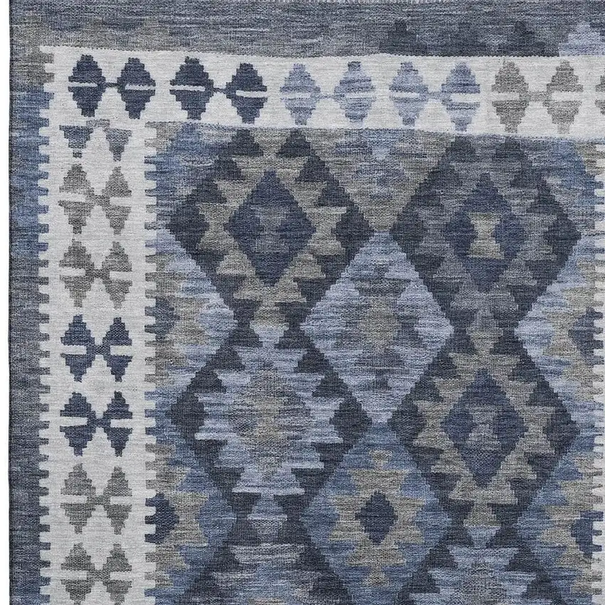 Navy Blue And Ivory Tribal Washable Area Rug With UV Protection Photo 4