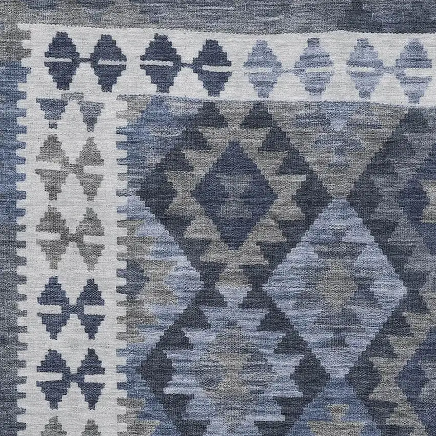 Navy Blue And Ivory Tribal Washable Area Rug With UV Protection Photo 3