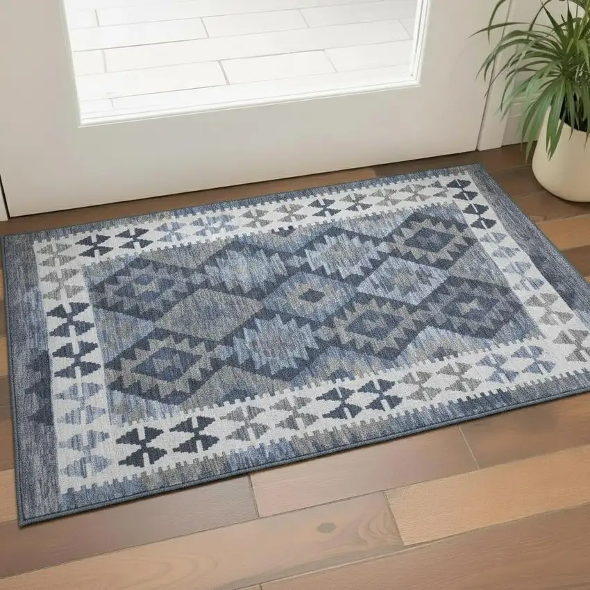 Navy Blue And Ivory Tribal Washable Area Rug With UV Protection Photo 2