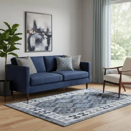 Navy Blue And Ivory Tribal Washable Area Rug With UV Protection Photo 2