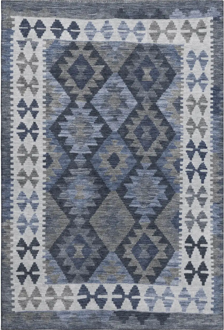 Navy Blue And Ivory Tribal Washable Area Rug With UV Protection Photo 1