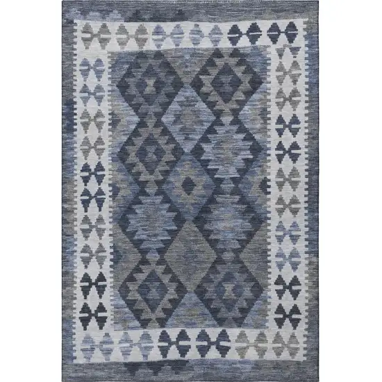 Navy Blue And Ivory Tribal Washable Area Rug With UV Protection Photo 4