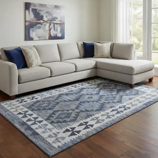 Navy Blue And Ivory Tribal Washable Area Rug With UV Protection Photo 2