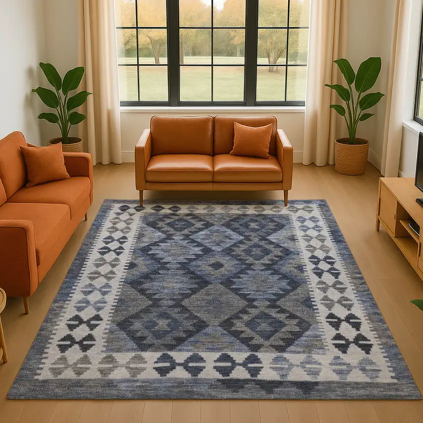 Navy Blue And Ivory Tribal Washable Area Rug With UV Protection Photo 5