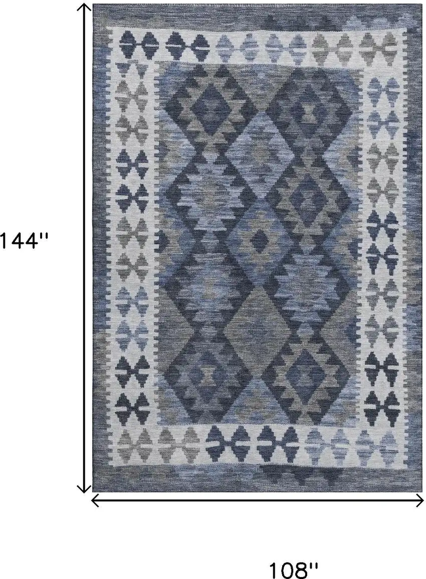 Navy Blue And Ivory Tribal Washable Area Rug With UV Protection Photo 9