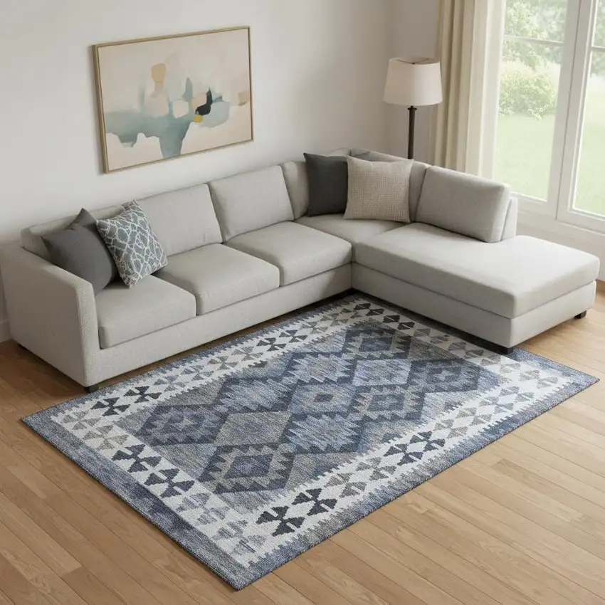 Navy Blue And Ivory Tribal Washable Area Rug With UV Protection Photo 2