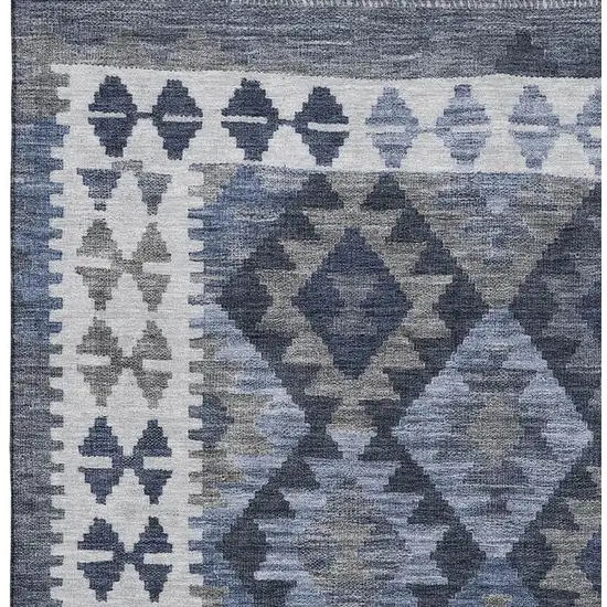 Navy Blue And Ivory Tribal Washable Area Rug With UV Protection Photo 3