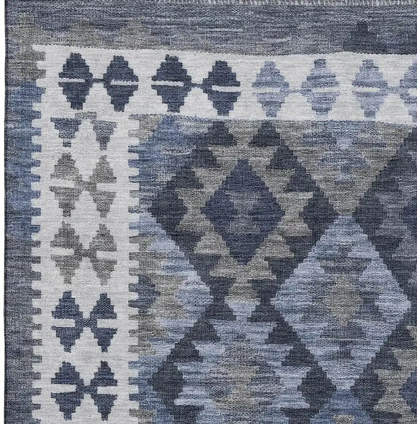 Navy Blue And Ivory Tribal Washable Area Rug With UV Protection Photo 3