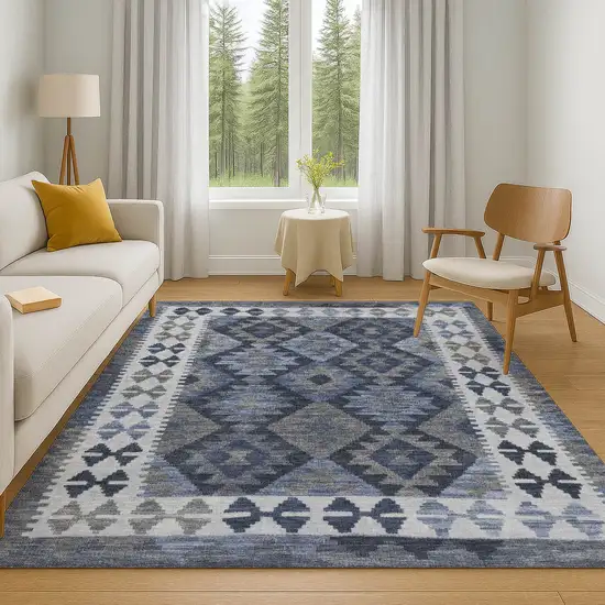 Navy Blue And Ivory Tribal Washable Area Rug With UV Protection Photo 6